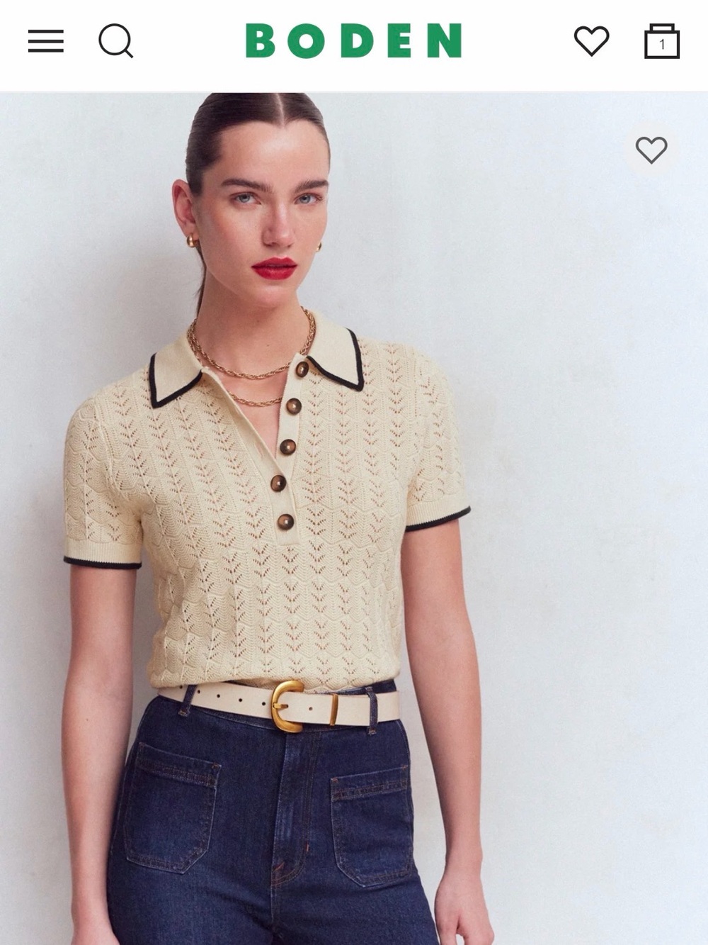 Boden Cream Pointelle Polo Top with Black Trim